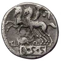 Ti. Quincitius 112-111 pne, denar, Aw: Popiersie Herkulesa widziane od tyłu z głową zwróconą w lew..