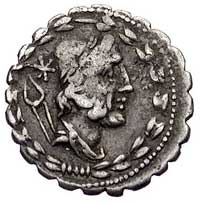 Lucius Aurelius Cotta około 105 pne, denar serratus, Aw: Popiersie Wulkana w prawo, za nim obcęgi ..