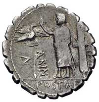 A. Postumius Albinus około 81 pne, denar, Aw: Głowa Hiszpanii w welonie w prawo, za nią napis HISP..