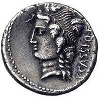 L. Cassius Longinus około 78 pne, denar, Aw: Głowa Liber albo Bacchusa w prawo, na ramieniu thyrsu..