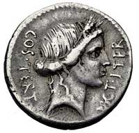Juliusz Cezar 47-44 pne, denar, Aw: Głowa Ceres w prawo i napisy COS TERT DICT ITER, Rw: Przybory ..