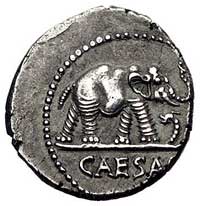 Juliusz Cezar 47-44 pne, denar, Aw: Słoń depczący węża i napis w odcinku CAESAR, Rw: Przybory sakr..