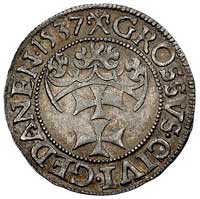 grosz 1537, Gdańsk, korona królewska z krzyżykiem i napis PRVS, Kurp. 473 (R), Gum. 563, patyna