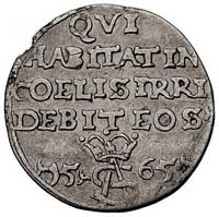 trojak 1565, Wilno, Kurp. 848 (R3), Gum. 623, T. 15, minimalna wada krążka, rzadka moneta z cytate..