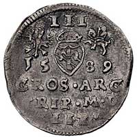 trojak 1589, Wilno, herb Korczak pod popiersiem króla, Kurp. 2116 (R5), Gum. 1328, T. 25, rzadki