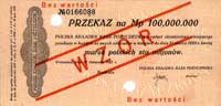 przekaz na 100.000.000 marek polskich 20.11.1923, WZÓR perforowany, Miłczak 41b, Pick 41