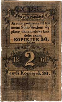 bon bez miejsca wydania, 2 złote = 30 kopiejek 1861, odręcznie numeracja i podpis Zamojski, Jabł. -