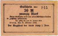 Słupsk, 20 marek 31.10.1918, bez stempla i podpisów, Geiger 512.05 a, na dole naddarty