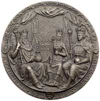 500-lecie Uniwersytetu Jagiellońskiego- medal autorstwa W. Trojanowskiego 1900 r., Aw: siedzące po..