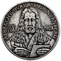 Norymberga-medal Albrechta Dürera 1928r., Aw: Półpostać artysty na wprost, napis w otoku, w polu m..