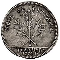 medal na pokój z Turcją 1774 r., Aw: Siedząca postać kobieca z gałązką oliwną i rogiem obfitości, ..