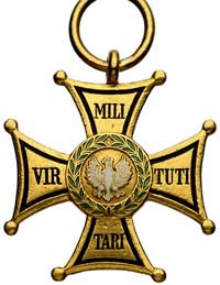 Złoty Krzyż (IV klasa) Orderu Virtuti Militari, lata 40-te, złoto, 33.45 g, emalia, 38 x 38 mm, br..