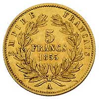 5 franków 1855 A, Paryż, Fr. 578, złoto, 1.60 g, rzadkie