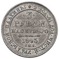 3 ruble 1843, Petersburg, Bitkin 92 (R), Fr. 143, platyna 10.29 g, drobne rysy w tle