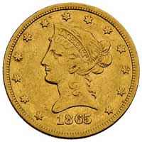 10 dolarów 1865/186, San Francisco, Fr. 157, złoto, 16.64 g, rzadkie