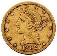 5 dolarów 1892, Carson City, Fr. 146, złoto, 8.24 g, rzadkie