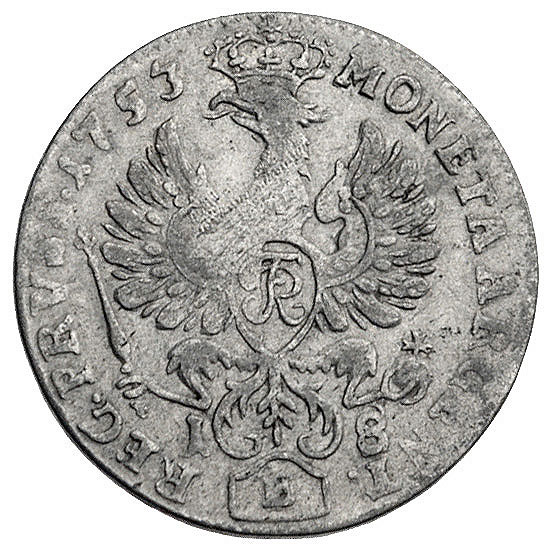 ort 1753, Królewiec, odmiana z literami St na ramieniu, Schrötter 965, Olding 184 b