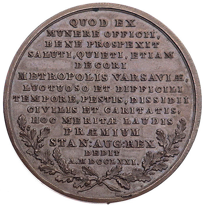 Stanisław Lubomirski- medal autorstwa J. F. Holzhaeussera 1771 r., Aw: Popiersie w zbroi i w płaszczu w lewo i napis w otoku, Rw: Napis poziomy QUOD EX MUNERE.. data A(nno) MDCCLXXI, H-Cz.3942, Racz. 555, Więcek 29, brąz 44 mm, 39.67 g, medal upamiętniający zasługi marszałka wielkiego koronnego w ochronie Warszawy przed zarazą