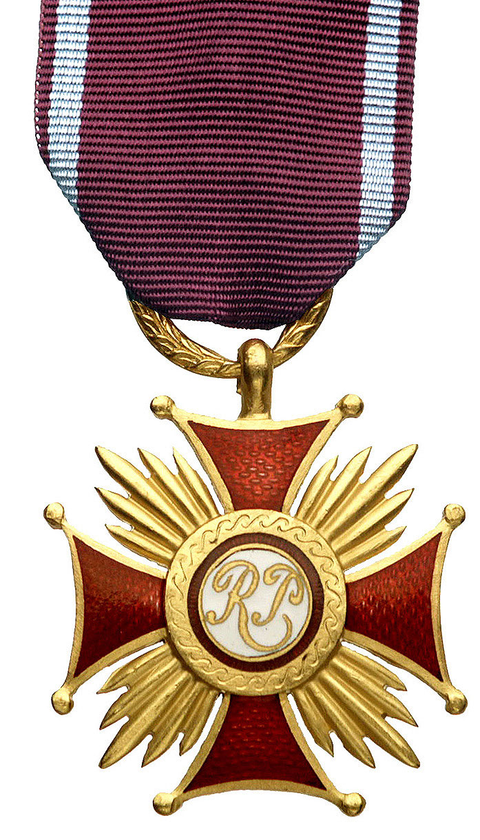 Złoty Krzyż Zasługi, mosiądz złocony, na odwrocie numer 241, emalia, 40x40 mm, wstążka