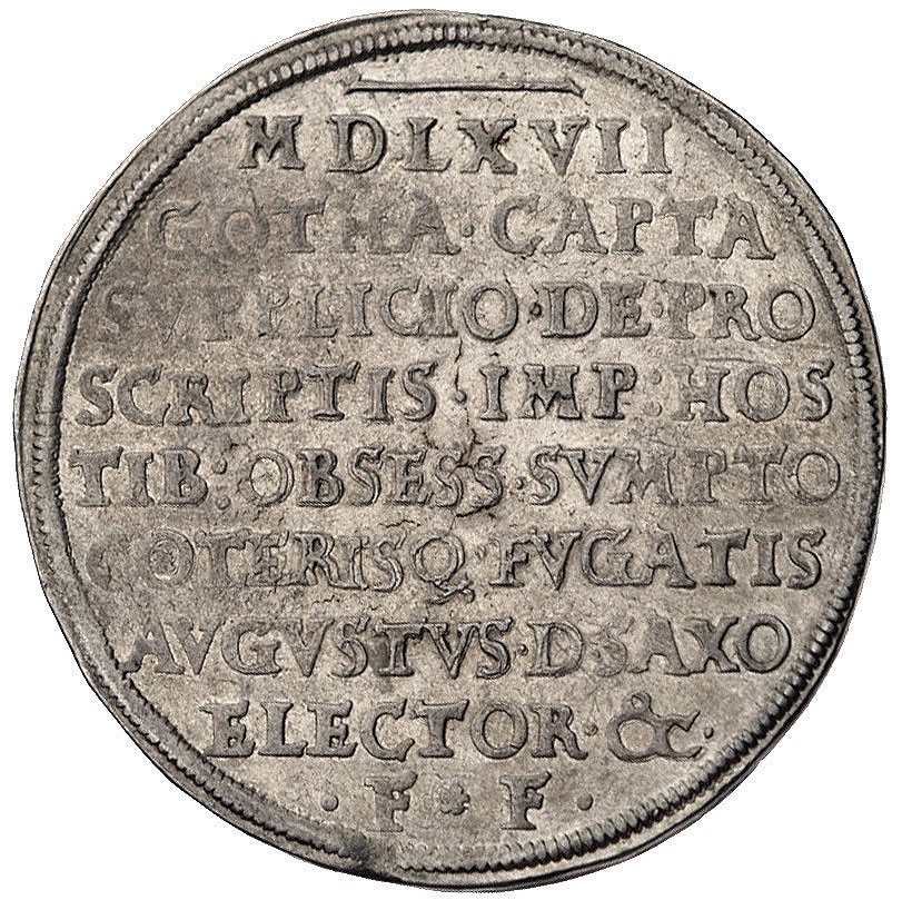 August 1553-1586, talar 1567, Aw: Dwa miecze w tarczy i napis w otoku, Rw: Napis poziomy, Schnee 717, Dav. 9800, talar wybity z okazji zdobycia Gothy, wyśmienicie zachowana moneta