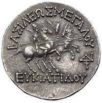 BAKTRIA- Eukratides 171-135 pne, tetradrachma, Aw: Popiersie króla w hełmie w prawo, Rw: Dioskurow..