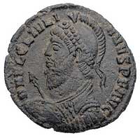 Julian II Apostata 360-363, follis mennica Heraklea, Aw: Popiersie w zbroi, z tarczą i włócznią w ..
