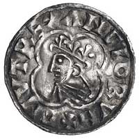 Knut 1016-1035, denar mennica Stamford, Aw: Popiersie króla w koronie i płaszczu i napis w otoku, ..