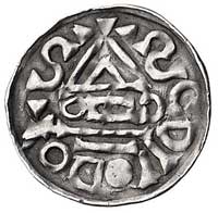 Salzburg- Henryk II 995-1002-1024, denar 1002-1009, Aw: Krzyż, w polu dwa kliny, trójkropek i lite..
