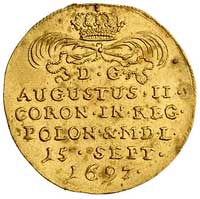 dukat koronacyjny 1697, Aw: Ręka z szablą, Rw: Napisy, Merseb. 1400, Fr. 2830, złoto 3.47 g, ładny..