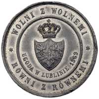300- lecie Unii Lubelskiej- medal 1869 r., Aw: Herb trójpolowy pod koroną, wyżej napis UGODA W LUB..