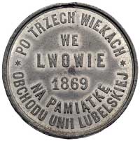 300- lecie Unii Lubelskiej- medal 1869 r., Aw: Herb trójpolowy pod koroną, wyżej napis UGODA W LUB..