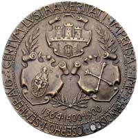 jubileusz Uniwersytetu Jagiellońskiego 1900 r.- medal autorstwa W. Trojanowskiego, Aw: Herby Krako..