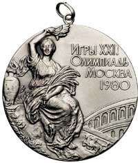 medal nagrodowy Igrzysk XXI Olimpiady, Moskwa 1980, Aw: Siedząca kobieta z gałązką wawrzynu w ręku..