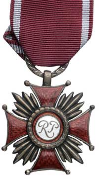 Srebrny Krzyż Zasługi, mosiądz srebrzony, na odwrocie punca SO, emalia, 40x40 mm, wstążka