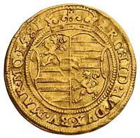 Rudolf 1576-1612, dukat 1581, Praga; Aw: Stojący cesarz w zbroi i napis w otoku, Rw: Tarcza herbow..