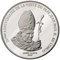 10 franków 2000, wizyta papieża Jana Pawła II, srebro, bite stemplem lustrzanym
