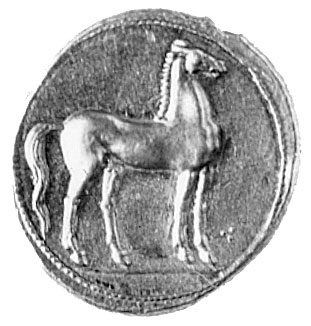 KARTAGINA 350-320 p.n.e., złoty stater, Aw: Głowa Tanit w lewo, w wieńcu z kłosów zboża z naszyjnikiem na szyi i kolczykami w uszach. Rw: Koń w prawo, 3 kulki przed prawą nogą, (kopia XIX-wieczna), Sear 6447, 9,49 g.