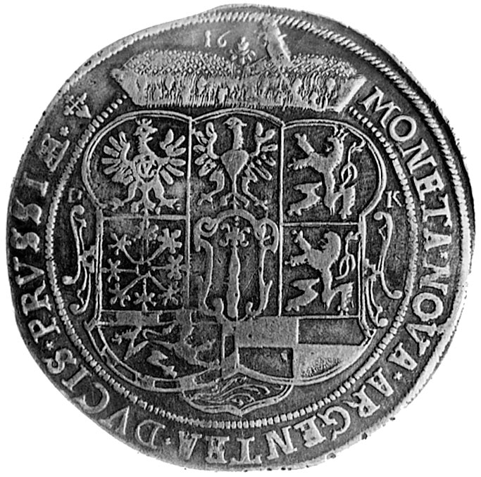 talar 1636, Królewiec, Aw: Półpostać i napis, Rw: Tarcza herbowa i napis, Dav. 6151.