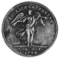 medal na pokój w Akwizgranie 1748r., Aw: Stojący anioł z dwoma trąbami i napis: ZU AACHEN FRIEDE i..