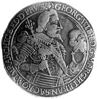 talar 1636, Królewiec, Aw: Półpostać i napis, Rw: Tarcza herbowa i napis, Dav. 6151.
