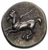 KORINTHIA-Korynt- stater 415-387 pne, Aw: Pegaz lecący w lewo, niżej litera koppa, Rw: Głowa Ateny..