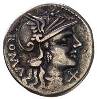 Ti. Minucius c.f. Augurinus 134 pne, denar, Aw: Głowa Romy w prawo, za nią napis, Rw: Kolumna jońs..