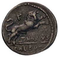 L.Thorius Balbus 105 pne, denar, Aw: Głowa Junony w skórze kozła w prawo za nią litery I.S.M.R., R..
