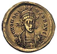 Honoriusz 393-423, solid- Aw: Popiersie cesarza w zbroi, hełmie na wprost i napis w otoku DN HONOR..