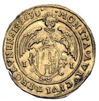 dukat 1638, Toruń, H-Cz. 1795 (R4), Fr. 58. T. 40, złoto, 3.43 g, minimalna wada krążka, patyna