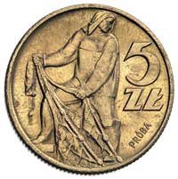 5 złotych 1959, na rewersie wypukły napis PRÓBA, Parchimowicz P-230 b, wybito 100 sztuk, mosiądz