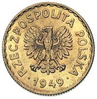 1 złoty 1949, na rewersie wklęsły napis PRÓBA, Parchimowicz P-215 b, wybito 100 sztuk, mosiądz
