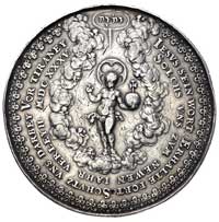 medal religijny Sebastiana Dadlera 1635 r, Aw: Dziecię Jezus z jabłkiem królewskim otoczone obłoka..