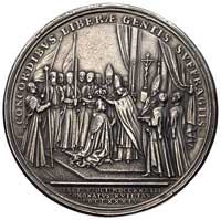 August III- medal koronacyjny autorstwa H. P. Groskurta 1734 r., Aw: Popiersie w zbroi i płaszczu ..