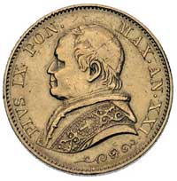 Pius IX 1846-1878, 20 lirów 1866, (AN XXI), Rzym